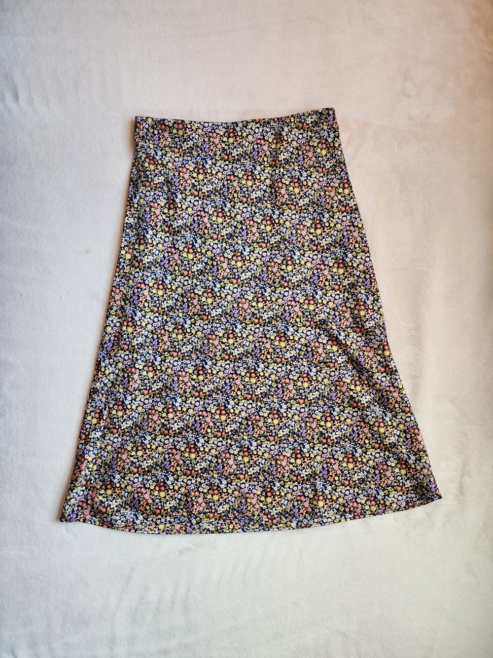 Satin Floral & Navy Blue Midi Skirt Women's Medium Garden Fairy 90s
